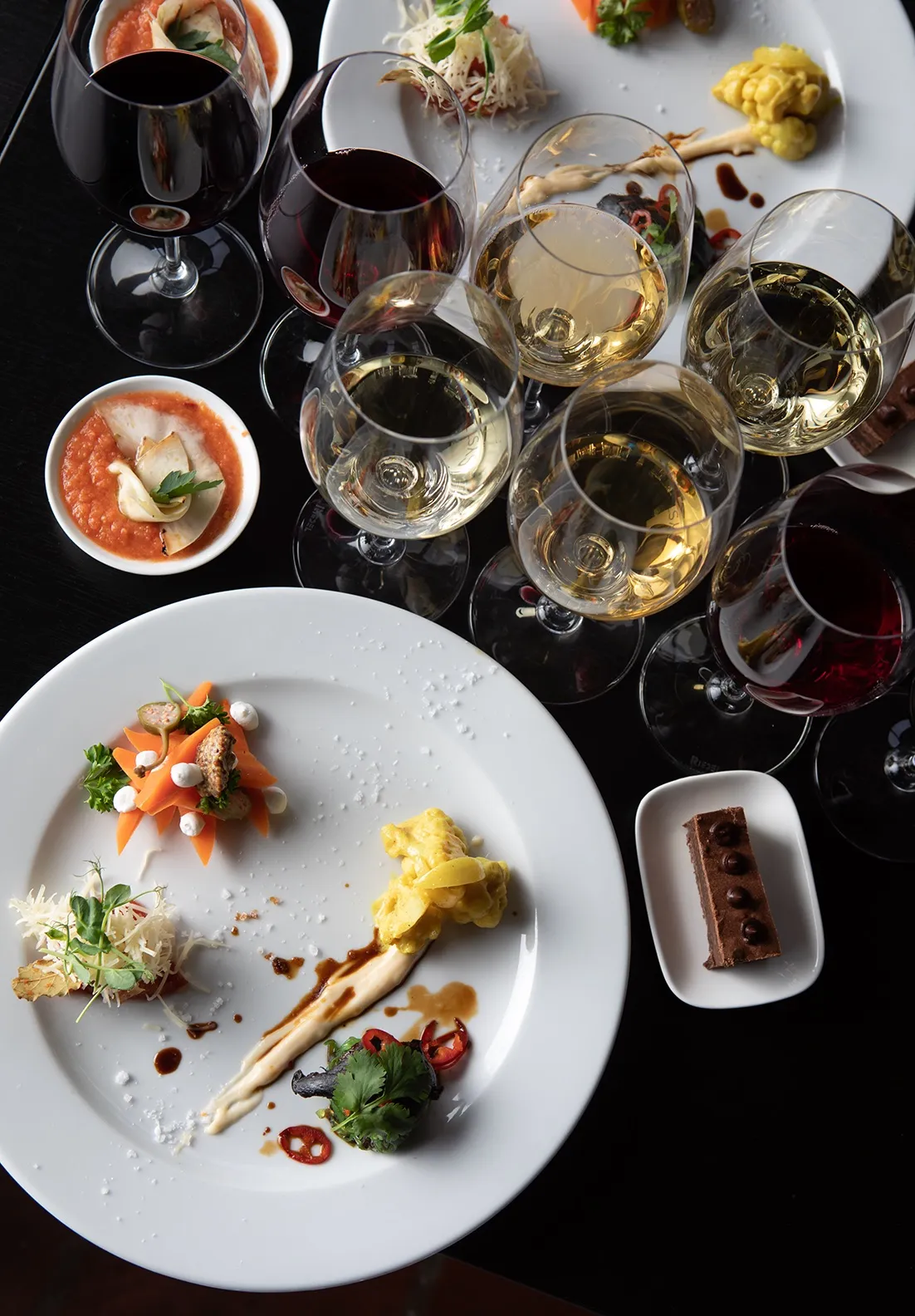 Tallrik med små rätter och dessert omgiven av flera glas vitt och rött vin, uppdukat för vin- och matprovning.